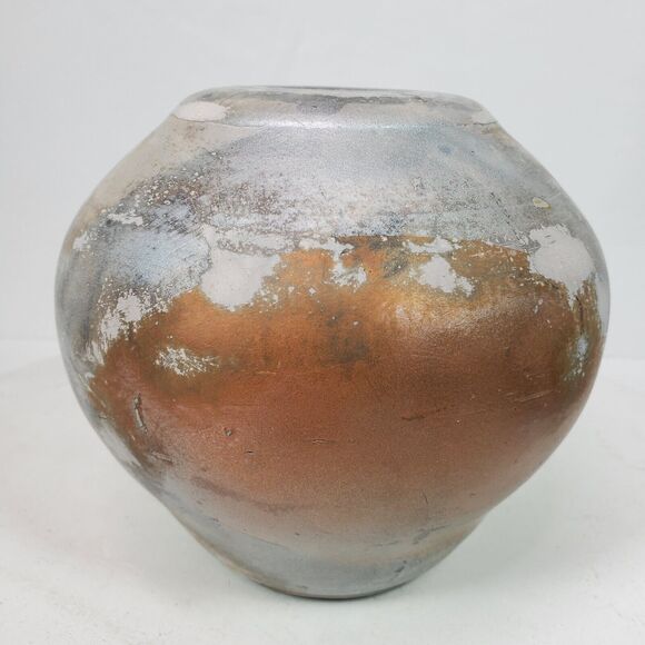 Vintage Raku Handmade BOHO Vase Bowl ART 6x6 Inch Distressed Signed Pottery - Picture 3 of 6